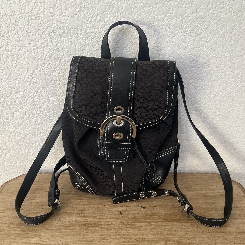 Coach Vintage Soho Black Signature C Pattern Canvas Backpack 9764 w Leather Trim